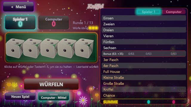 Kniffel: fünf Würfel und ein Punkteblatt