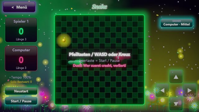 Snake: eine leuchtende Schlange auf einem grünen Spielfeld