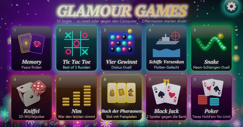 Das Startmenü von Glamour Games mit zehn leuchtenden Spielkacheln