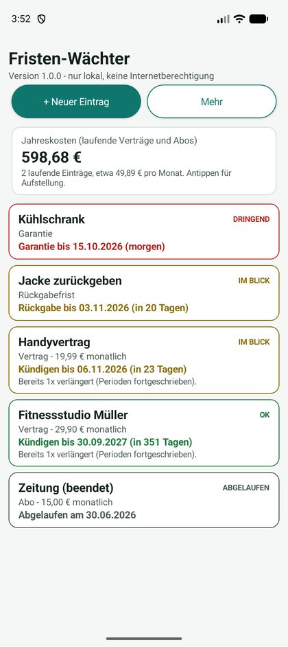 Bildschirmfoto von Fristen-Wächter: Fristen nach Dringlichkeit, mit Jahreskosten
