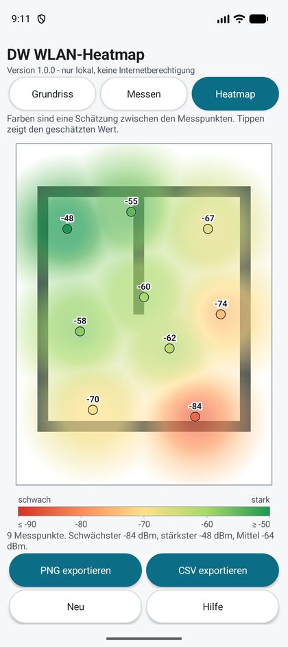 Bildschirmfoto von WLAN-Heatmap: Funklöcher im Grundriss