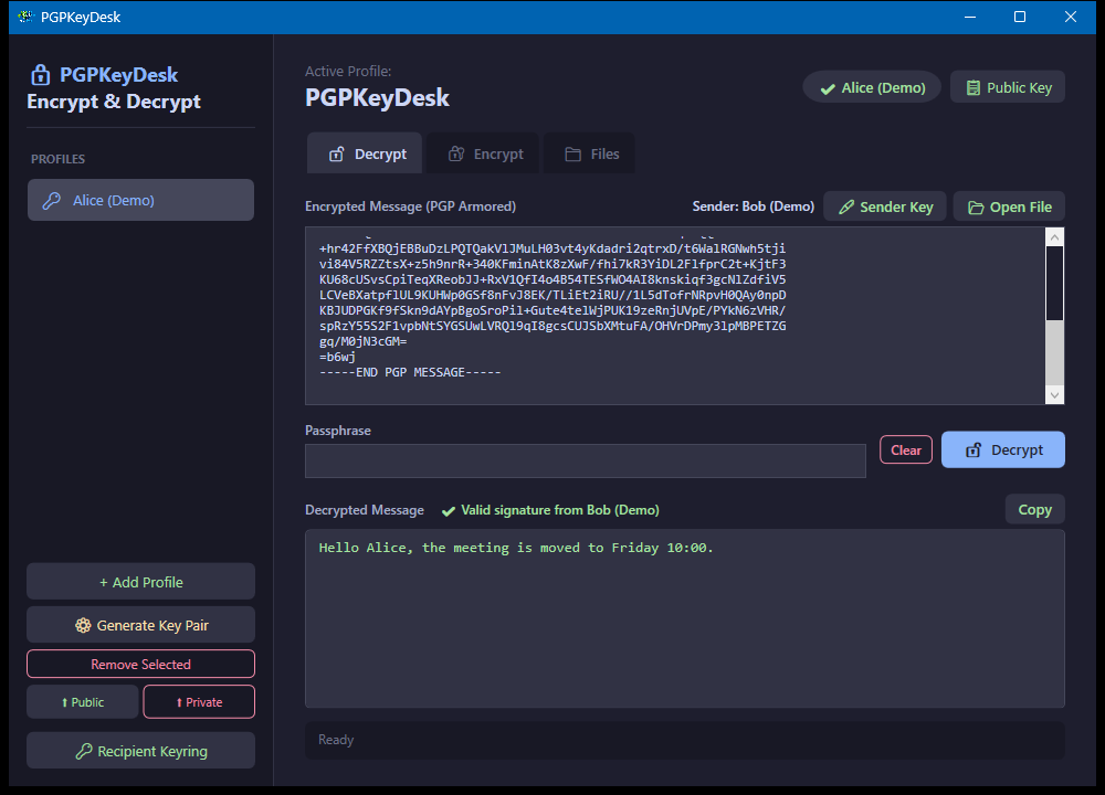 PGPKeyDesk: Nachricht entschlüsselt, gültige Signatur von Bob (Demo)